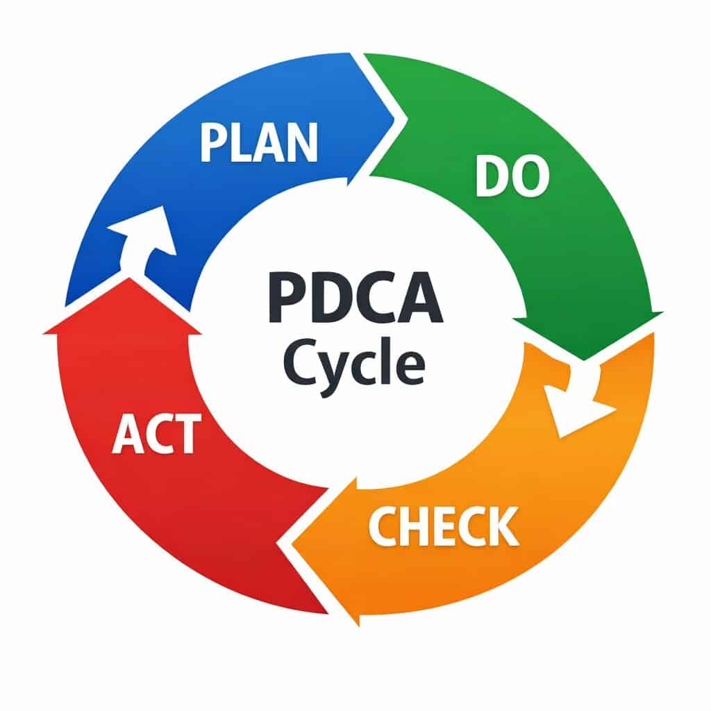 PDCA cycle with steps Plan, Do, Check, Act in a circular arrow design